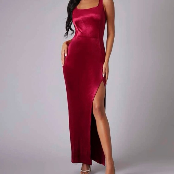 Shein/ Split Thigh Zip Back Velvet Dress - Picture 1 of 15